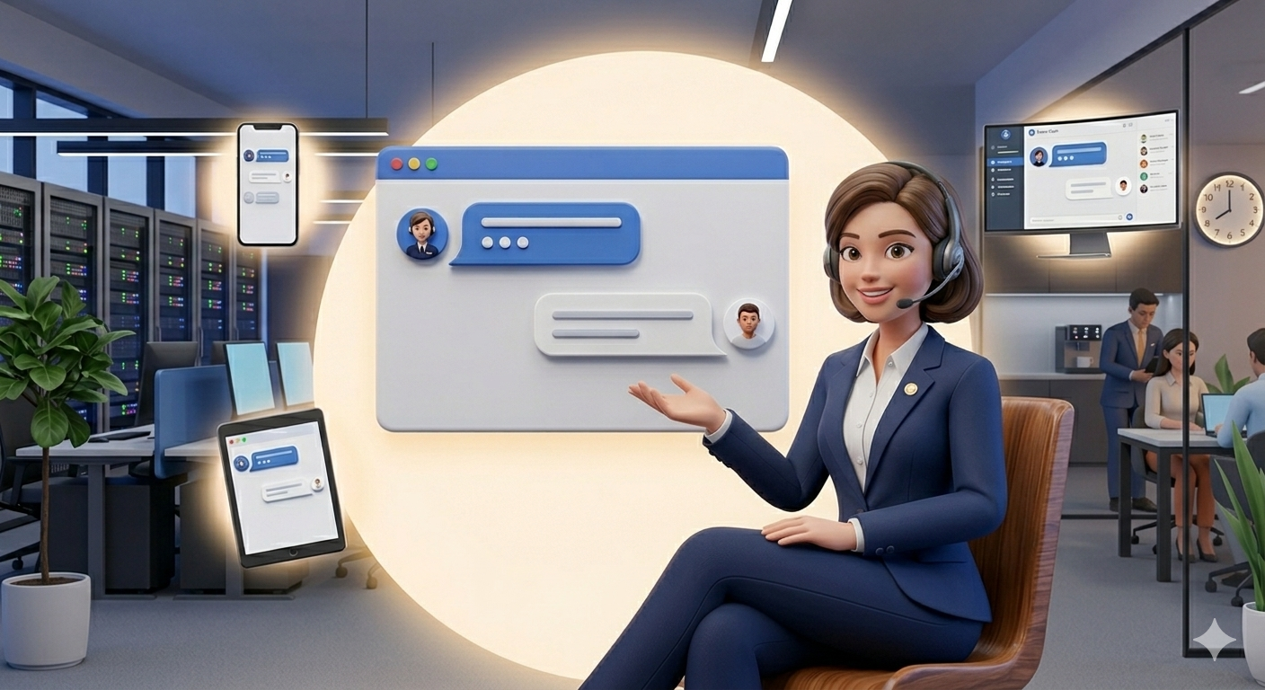 Support agent with headset pointing at live chat interface
